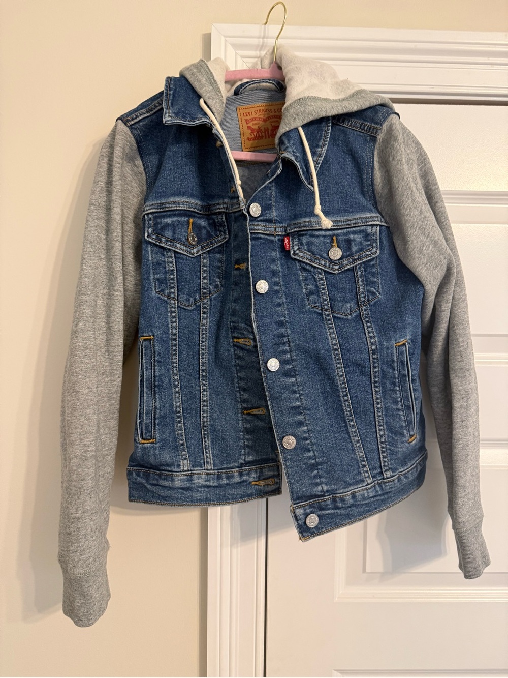 Levi's Blue Denim Jacket with Gray Hoodie Sleeves Women’s L